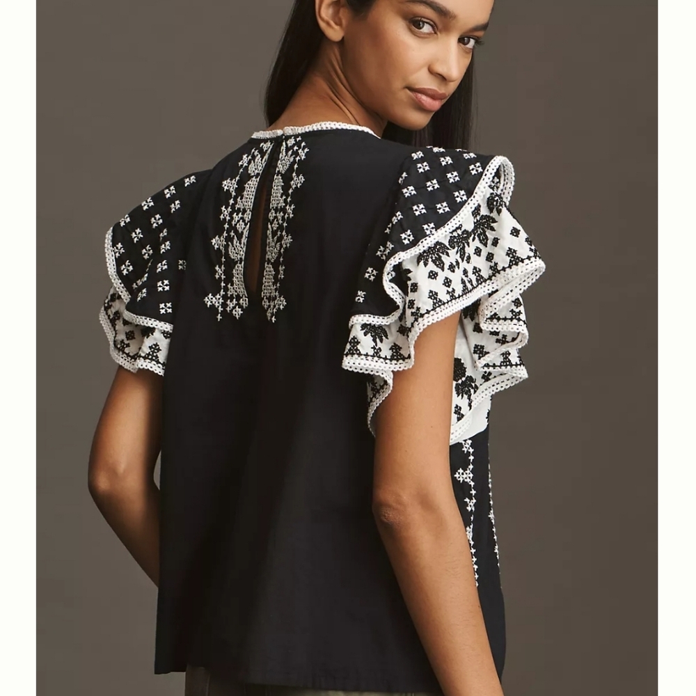 Free People Black and White Embroidered Blouse - Picture 4 of 5